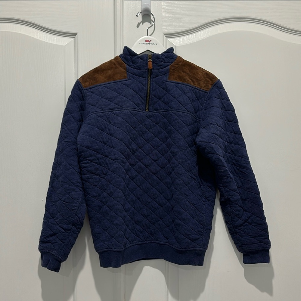 Vineyard Vines Unisex Navy and Brown Suede Quilted Quarter-Zip - XS